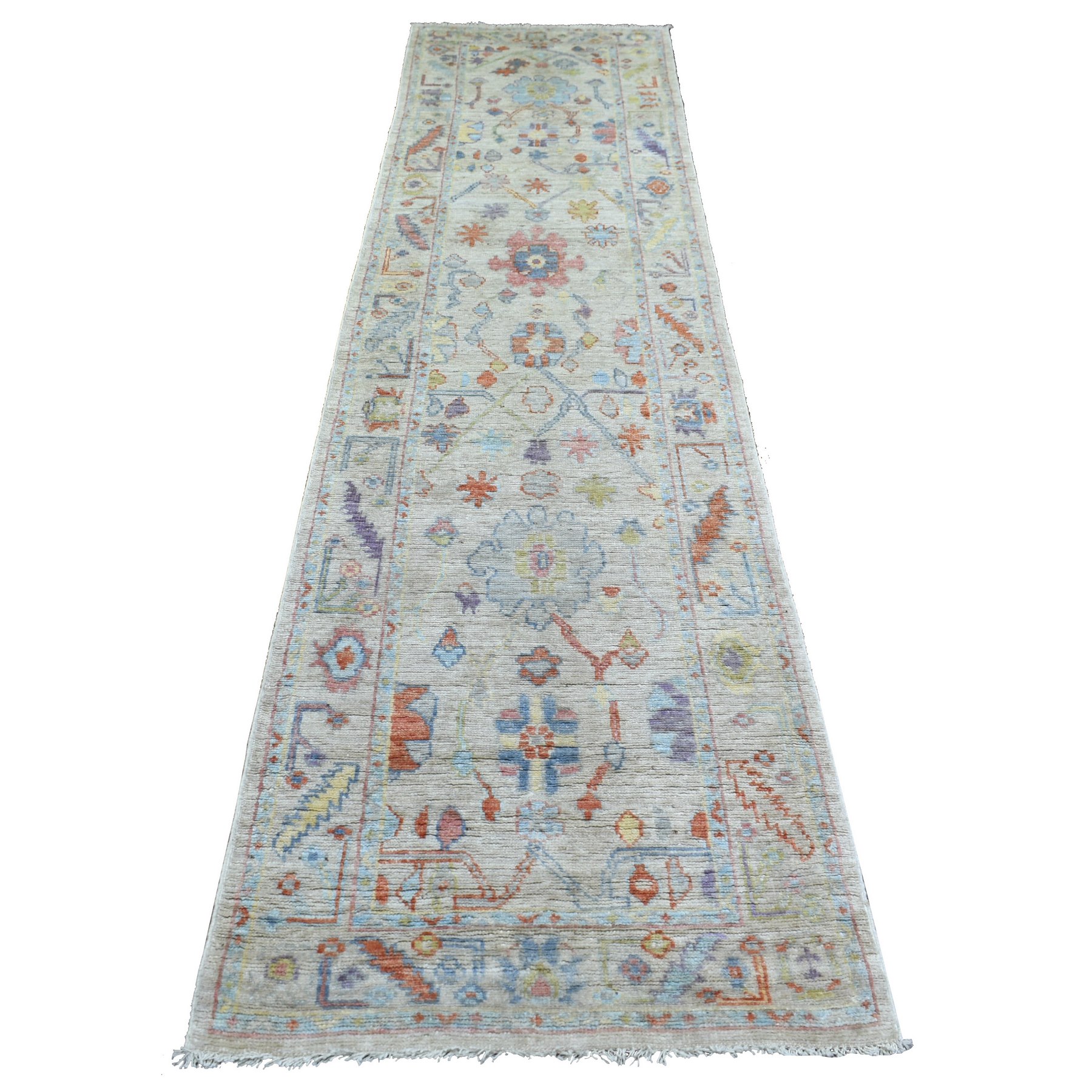 2'8"x11'4" Beige, Hand Knotted Angora Ushak with Colorful Leaf Design, Natural Dyes Afghan Wool, Runner Oriental Rug 